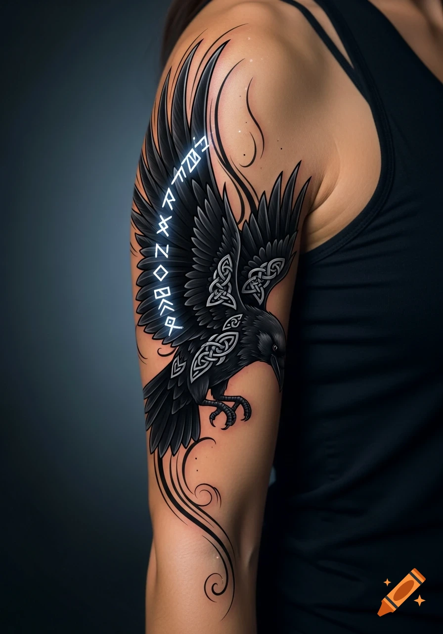 Detailed black tattoo of a Viking-style crow with Celtic knots and glowing runes, on a woman's bicep.