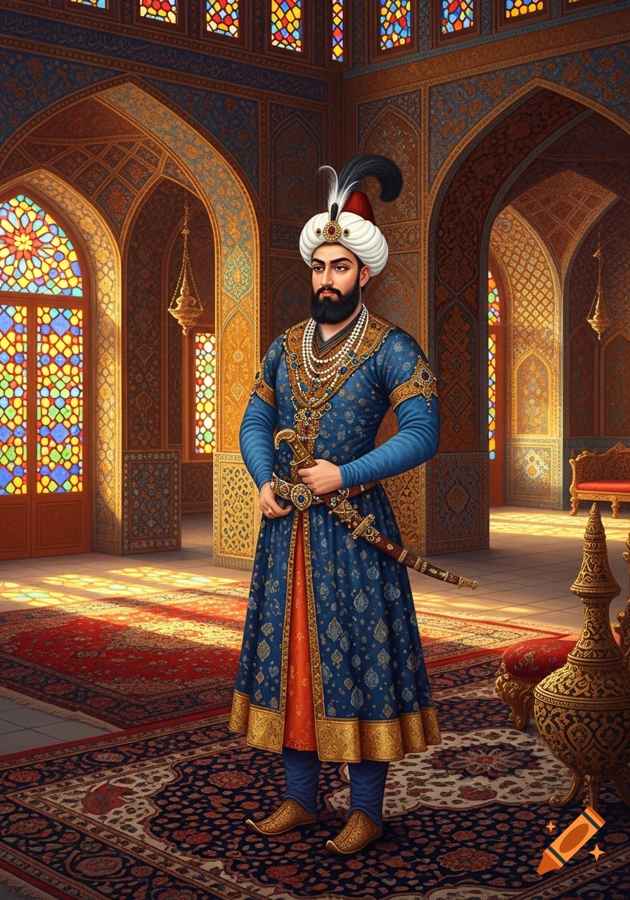 A richly dressed man in a blue coat and turban holding a dagger, standing in an ornate Persian palace with stained glass windows.