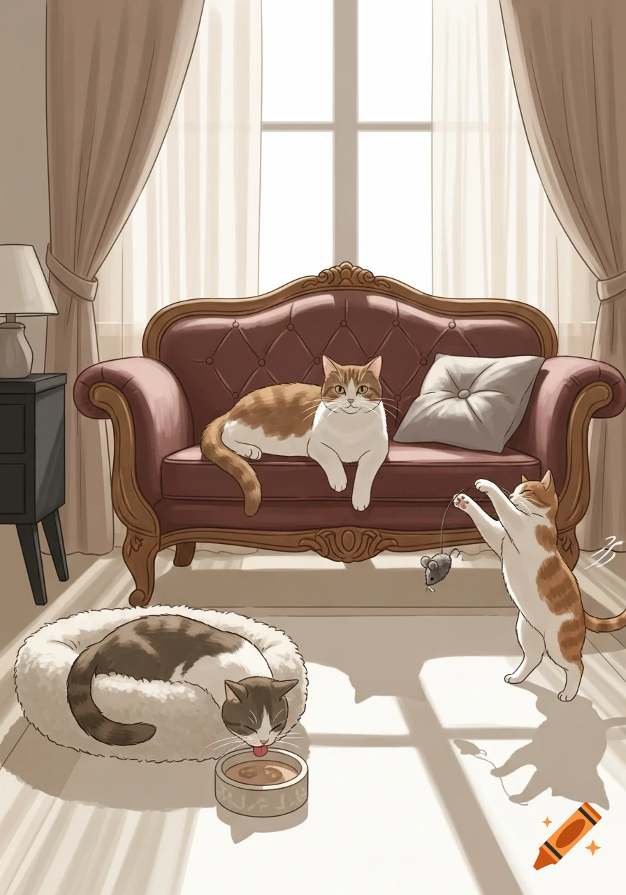 An illustration of three cats in a cozy living room: one on a couch, one playing with a mouse, and one eating from a bowl.