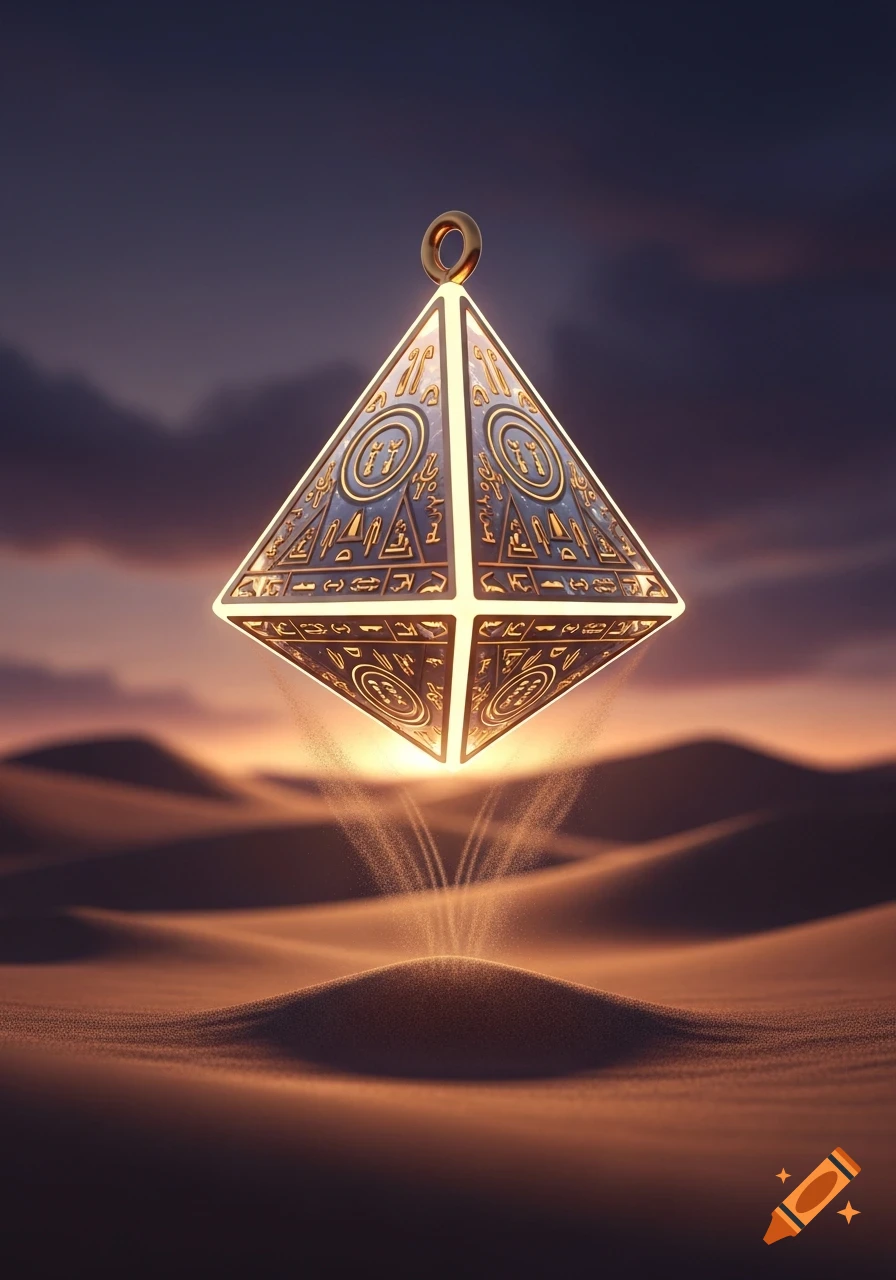 A glowing, ornate pyramid-shaped charm, covered in decorative, illegible ancient symbols, floats above desert dunes at sunset, emanating light and sand.