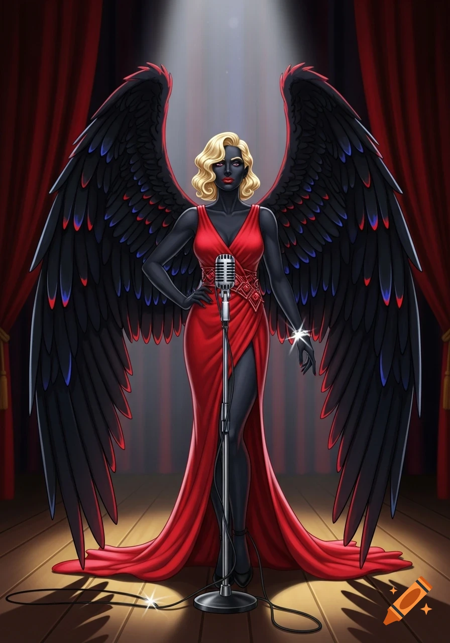 An onyx-skinned blonde angel woman with large black wings and a red dress stands on a stage with a vintage microphone under a spotlight, in an art deco style.