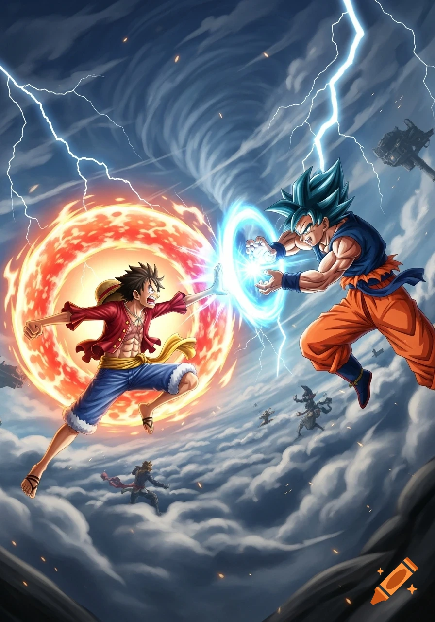 Anime characters Luffy and Goku clash powers mid-air amidst lightning and a swirling storm.