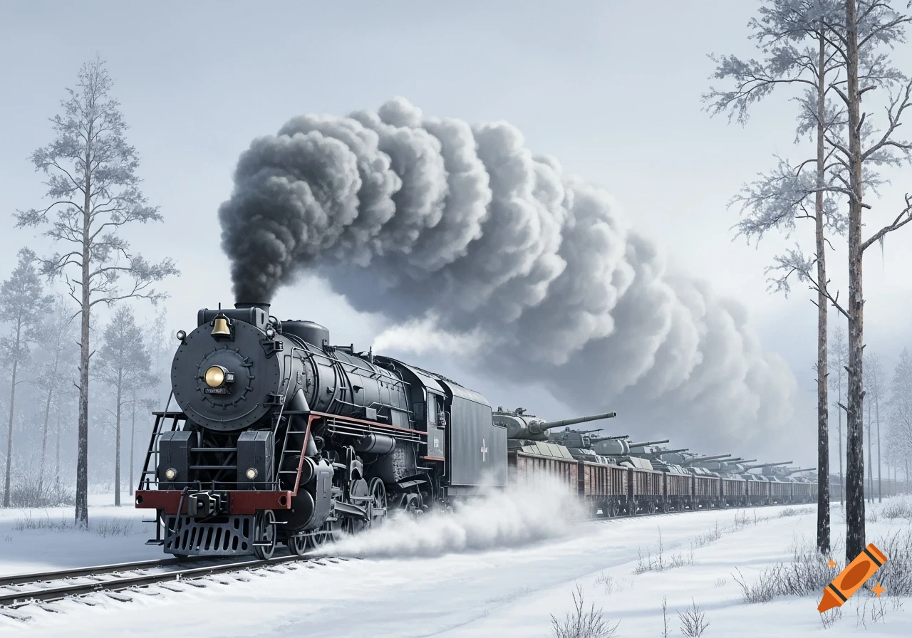 A black steam locomotive pulls a long train of freight cars loaded with tanks through a snowy winter landscape with bare trees.