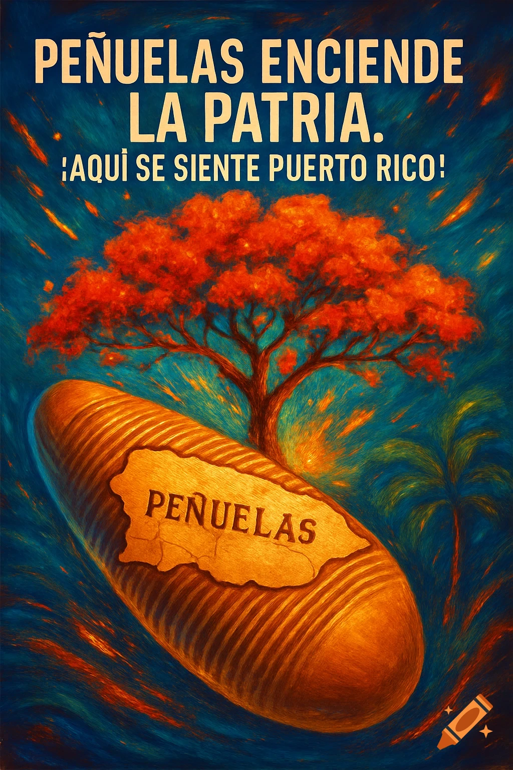 A vibrant, colorful poster for Peñuelas, Puerto Rico, featuring a flamboyant tree, a güiro with the word 'PENUELAS', and palm trees, against a blue and orange sky, in a painterly style.