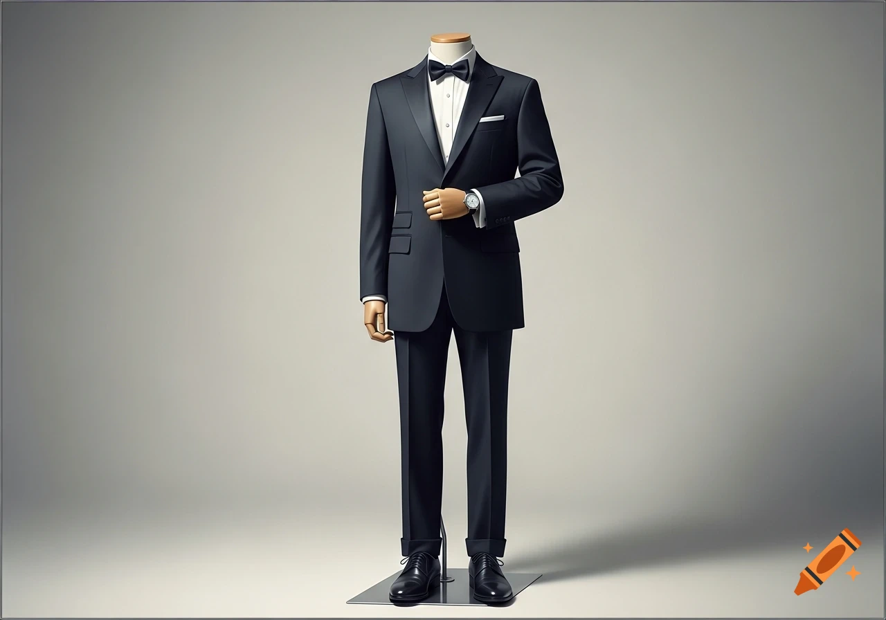 A plastic mannequin wears a black tuxedo, white shirt, bow tie, black dress shoes, and a watch on a plain background.