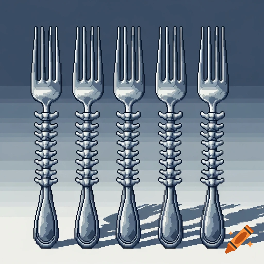 Five pixel art forks with spine-shaped handles lined up against a shaded background.