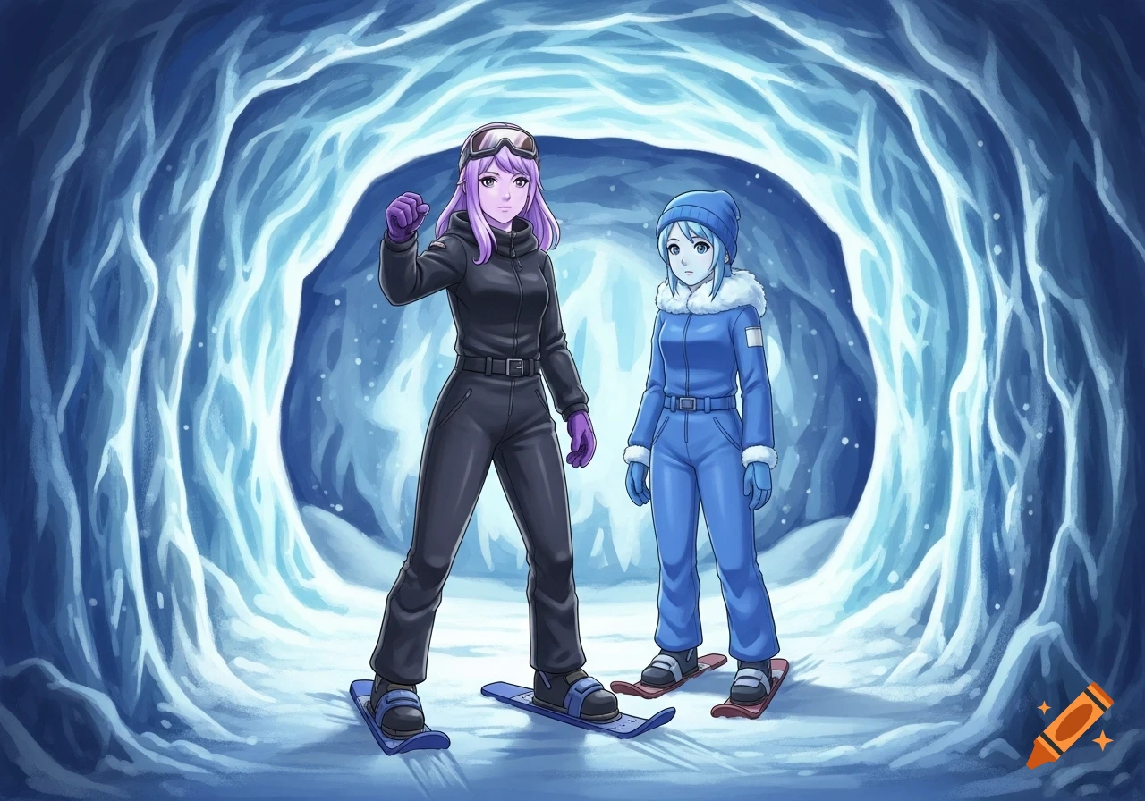 Two anime girls, one with purple hair in a black ski suit and one with blue hair in a blue winter suit, stand on snowboards in a glowing ice cave.