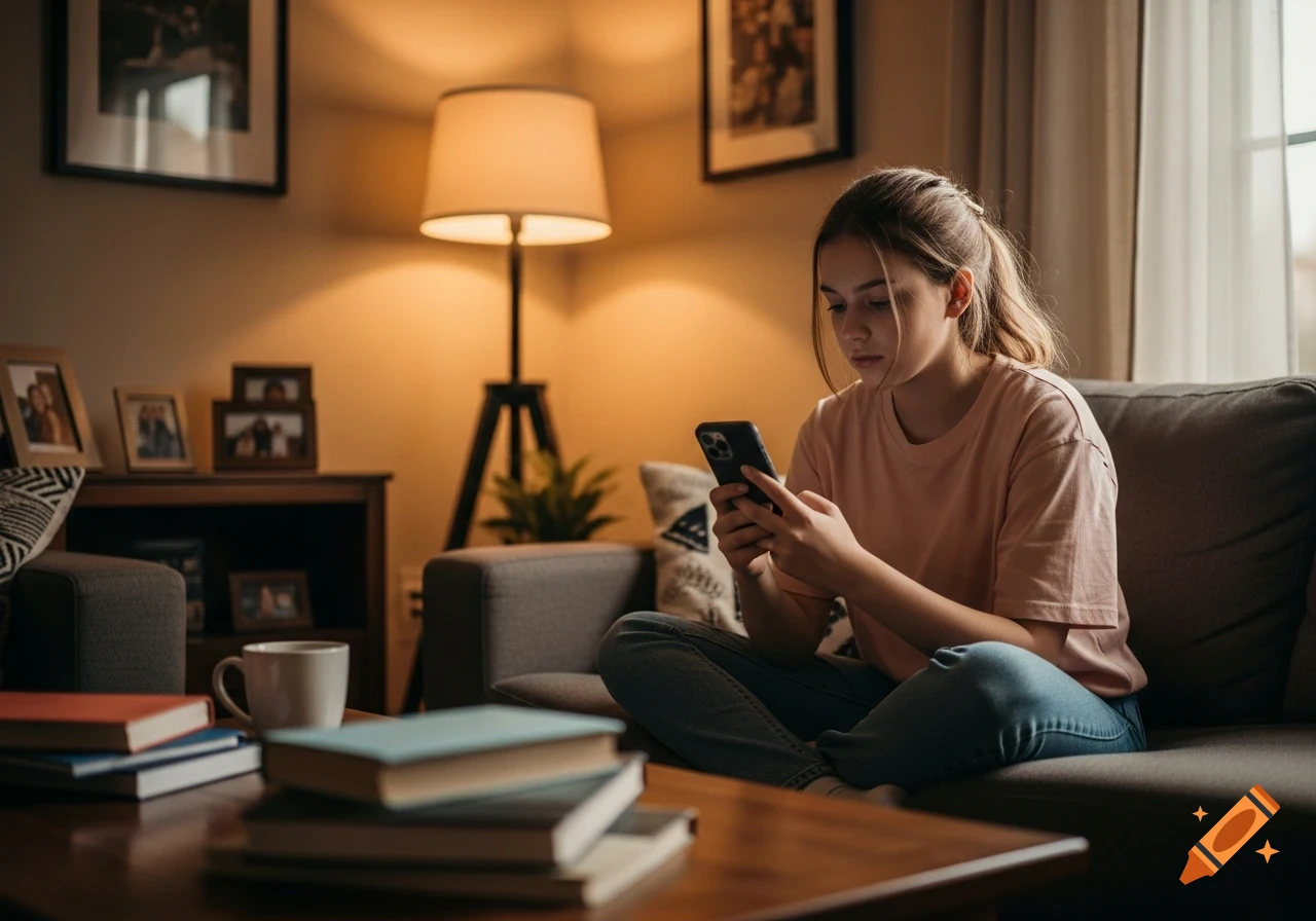 A teen girl sits cross-legged on a couch in a cozy living room, looking at her smartphone. Photorealistic.