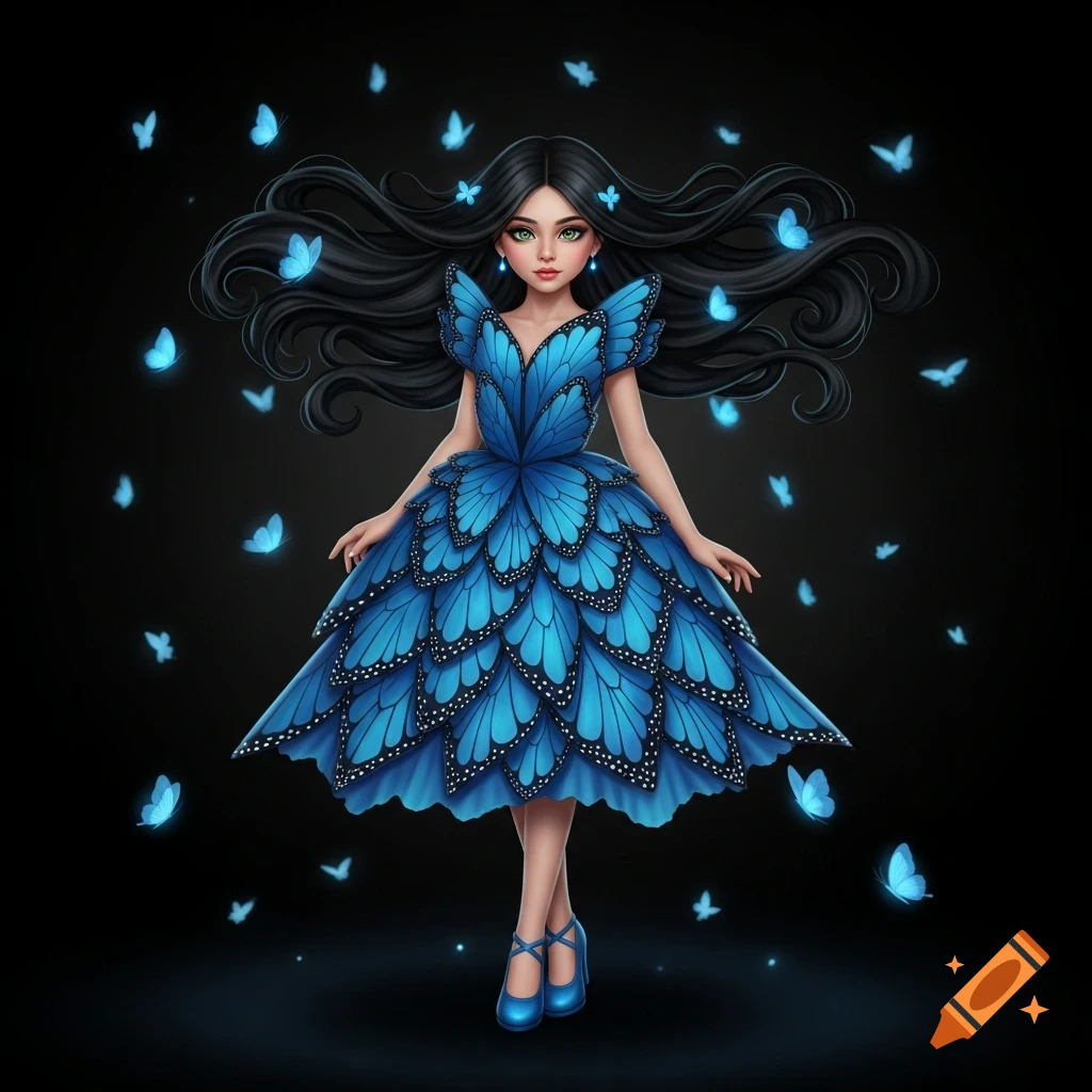 A stylized girl with long black hair and green eyes wears a blue butterfly-themed dress and shoes, surrounded by glowing blue butterflies against a black background.