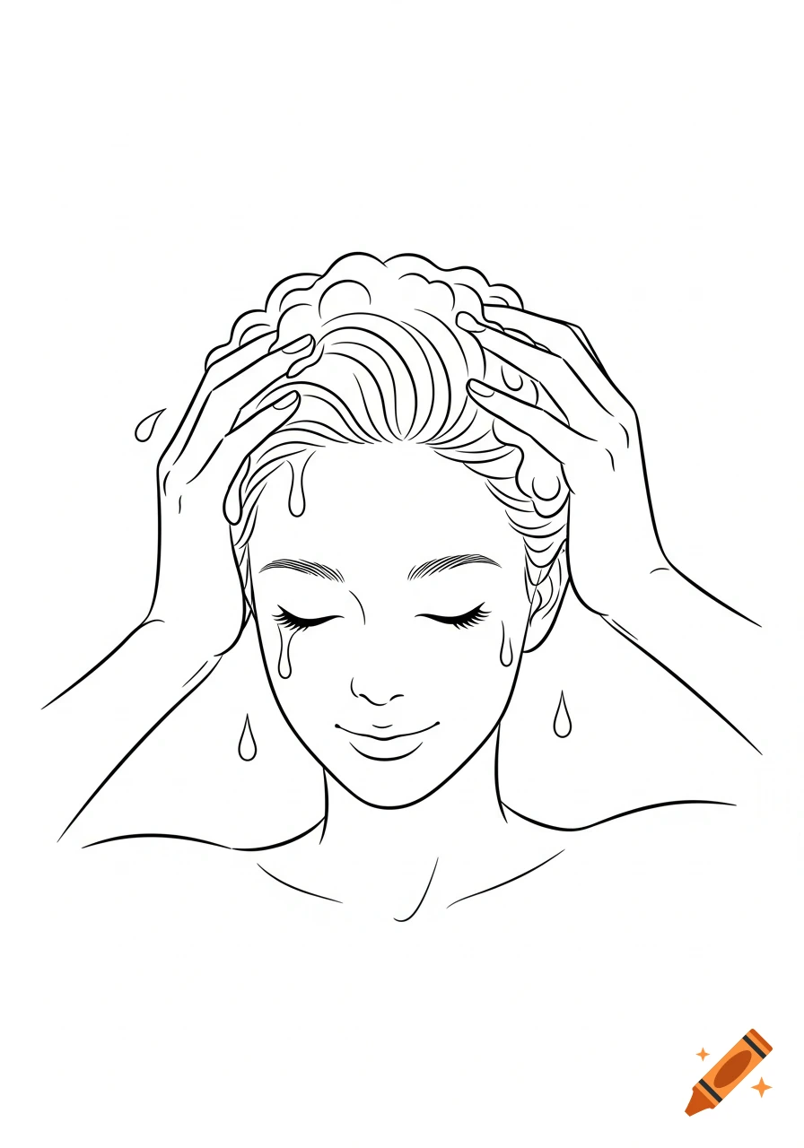 Line drawing of a person with closed eyes washing their hair, with water droplets around their face and hands.