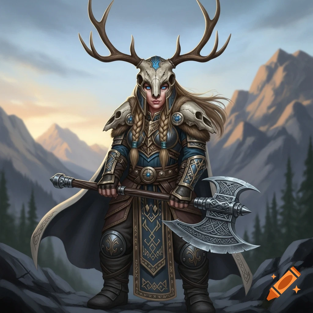 Female dwarf warrior with a deer skull helmet and battle axe, standing in a mountain landscape, digital art.