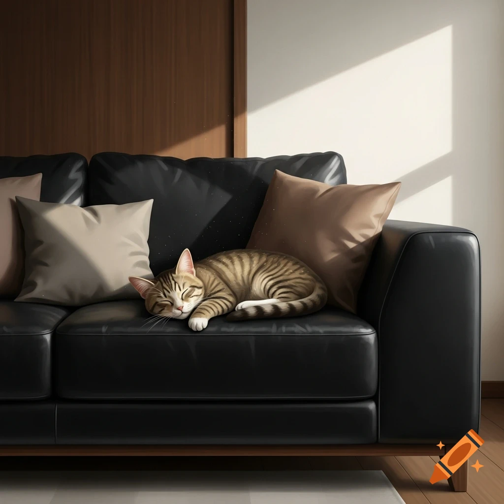 A tabby cat is curled up asleep on a black leather couch with neutral-colored pillows in a sunlit room.