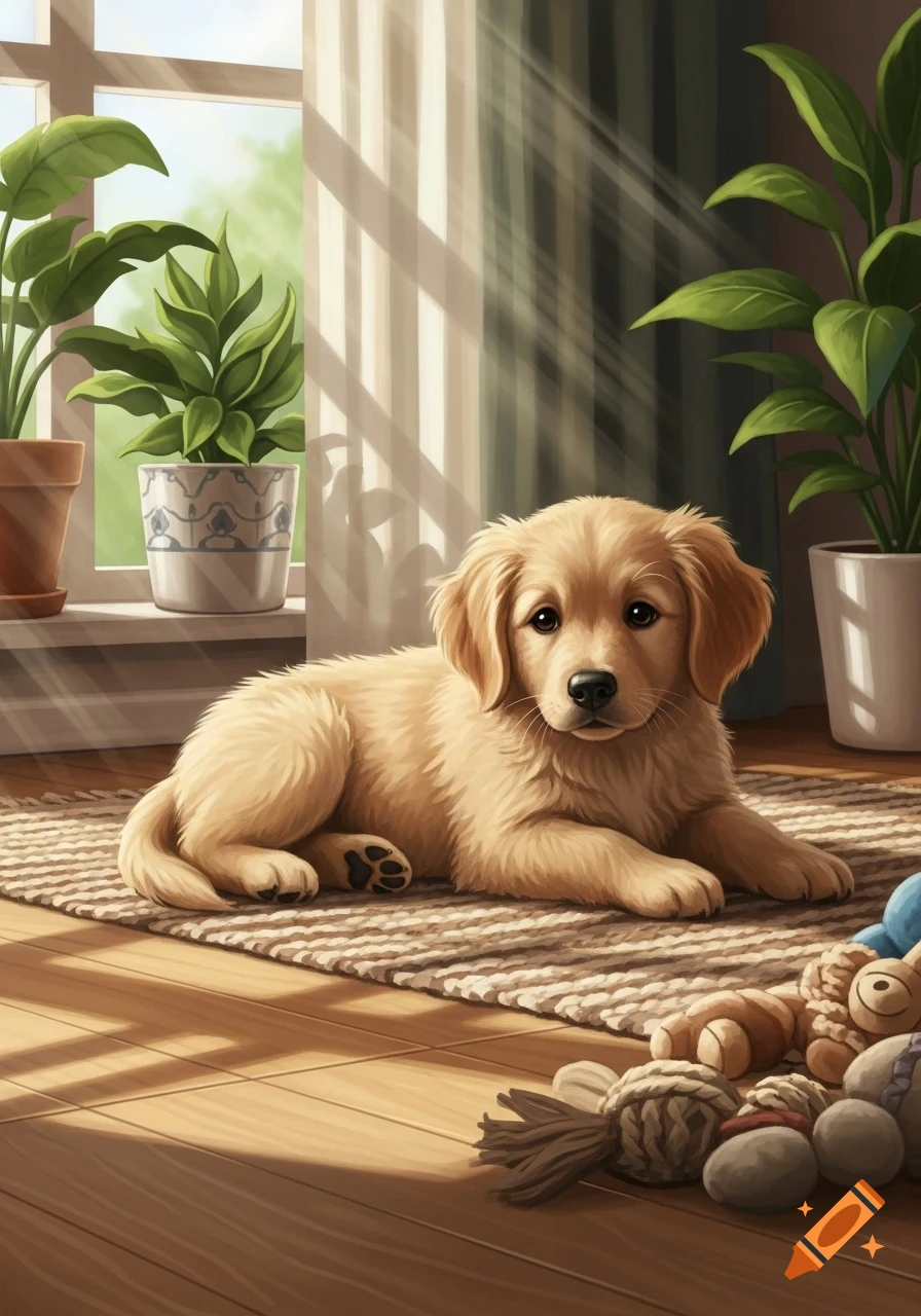 A cute golden retriever puppy lies on a rug in a sunlit room with potted plants and toys, in a digital art style.