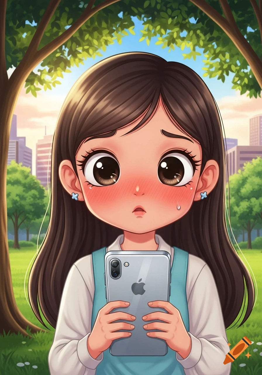 Shy anime girl with big eyes, blushing, holding a large smartphone in a park with trees and city buildings.