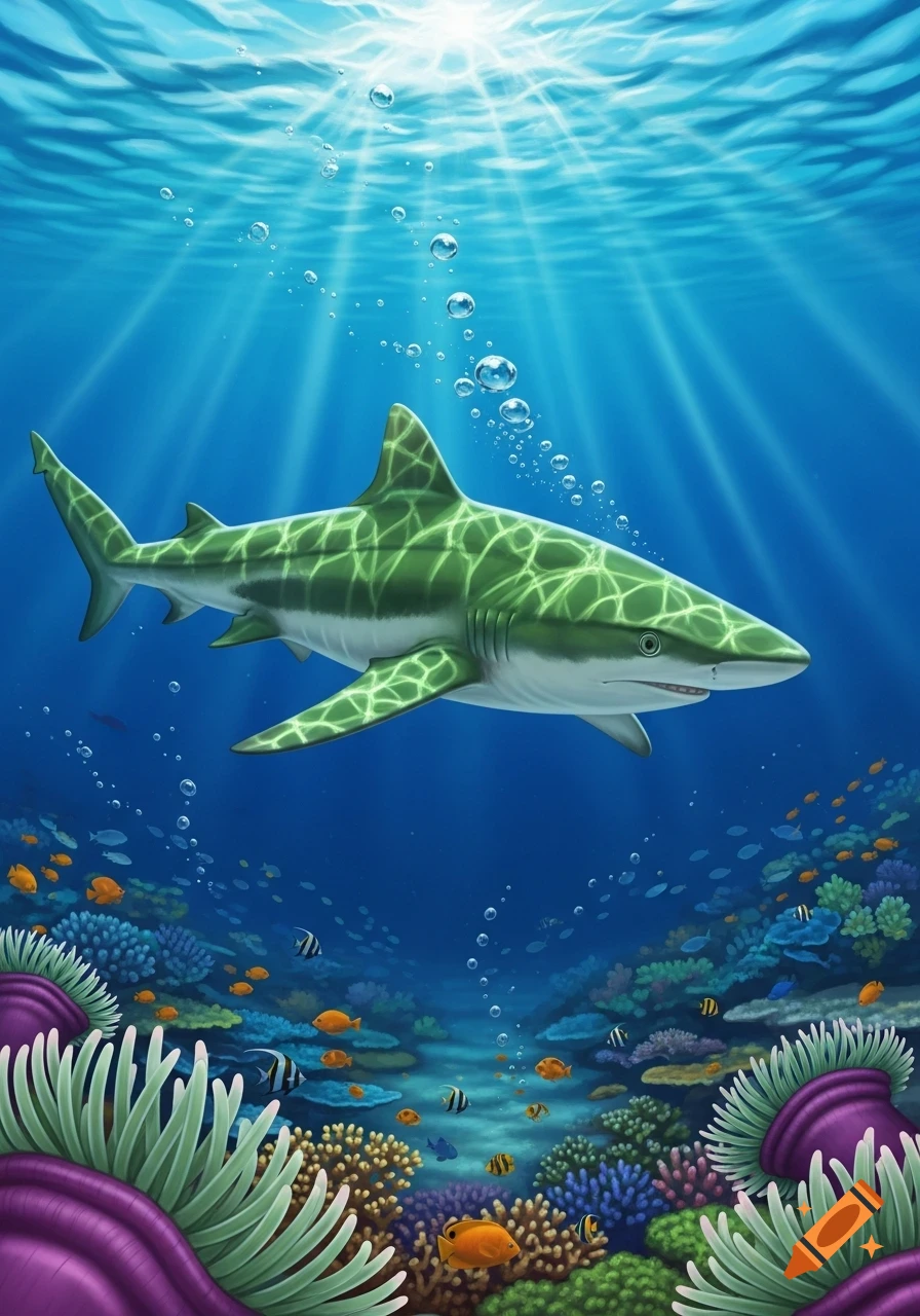 A vibrant green shark with unique patterns swims above a colorful coral reef, bathed in sunlight from the ocean surface.