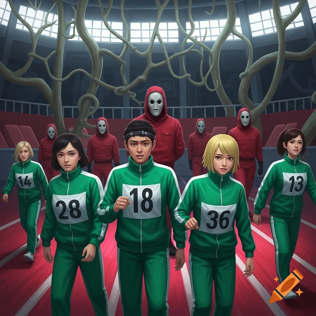 Anime-style characters in green tracksuits with numbers (18, 28, 36), running on a red track, observed by masked red figures in a large arena with tree-like structures.