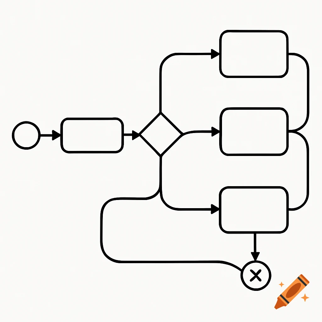A black and white BPMN-style flowchart showing a process with a start, steps, a decision point, and a termination point.