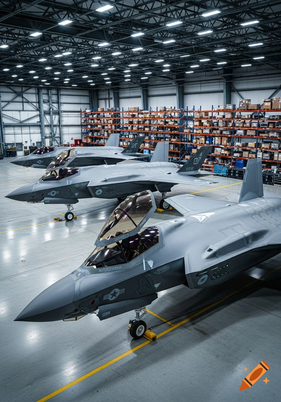 Three F-35A Lightning II fighter jets parked in a large, well-lit industrial hangar with shelves of boxes, photorealistic.