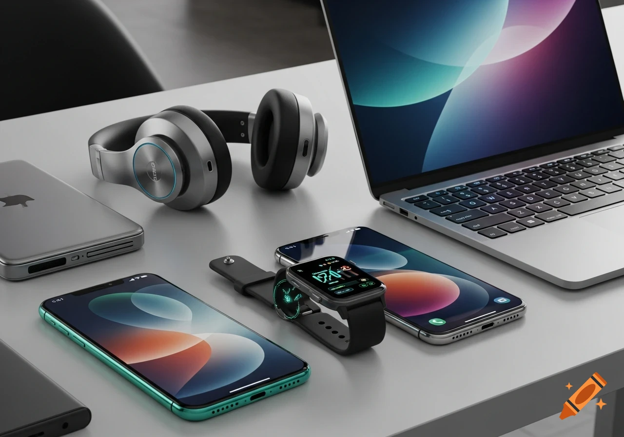 A collection of modern electronic gadgets including headphones, two smartphones, a smartwatch, and a laptop arranged on a white table.