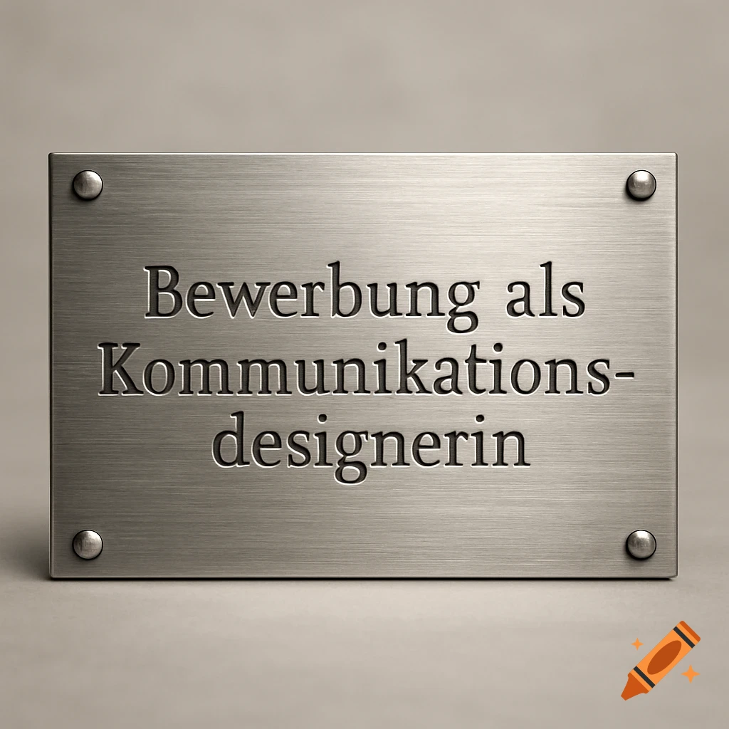 A realistic brushed steel plaque with the German text "Bewerbung als Kommunikationsdesignerin" engraved, featuring shadows and light reflections on a neutral background.