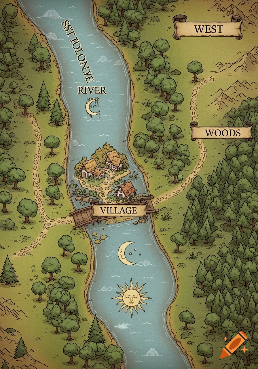 Vintage fantasy RPG map showing a river, a village, woods, mountains, and labels like West and Woods.