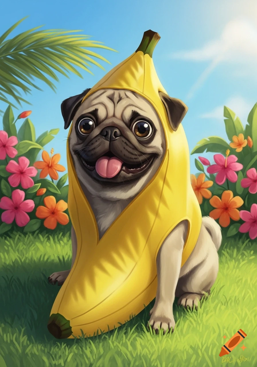 A happy pug wears a yellow banana costume, sitting in green grass among pink and orange tropical flowers under a blue sky.