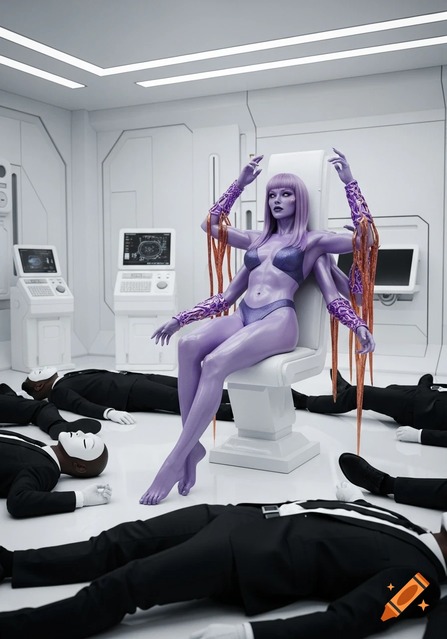 Photorealistic image of a four-armed lavender alien woman in a bikini, sitting in a futuristic white room surrounded by unconscious men.