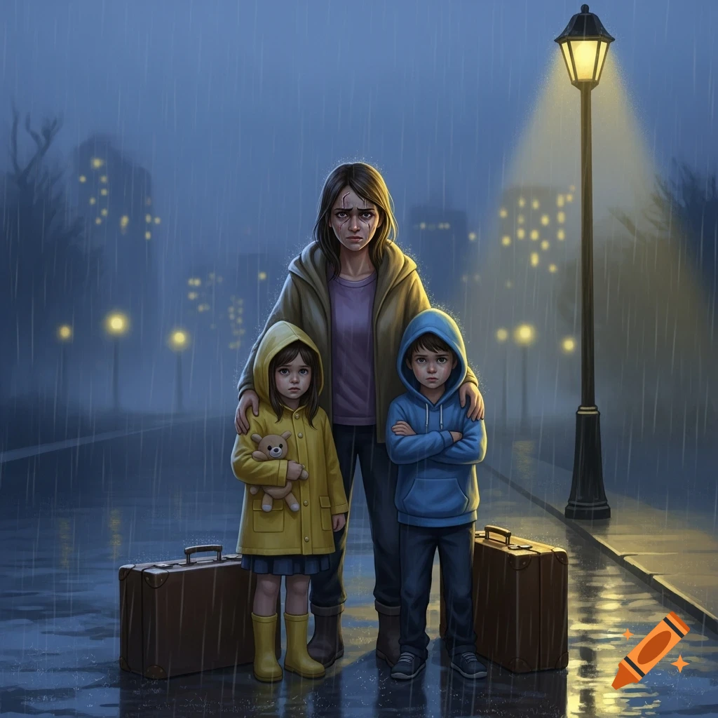 A distressed mother hugs her two young children, standing with suitcases in the rain under a streetlamp at night, with city lights in the blurred background.