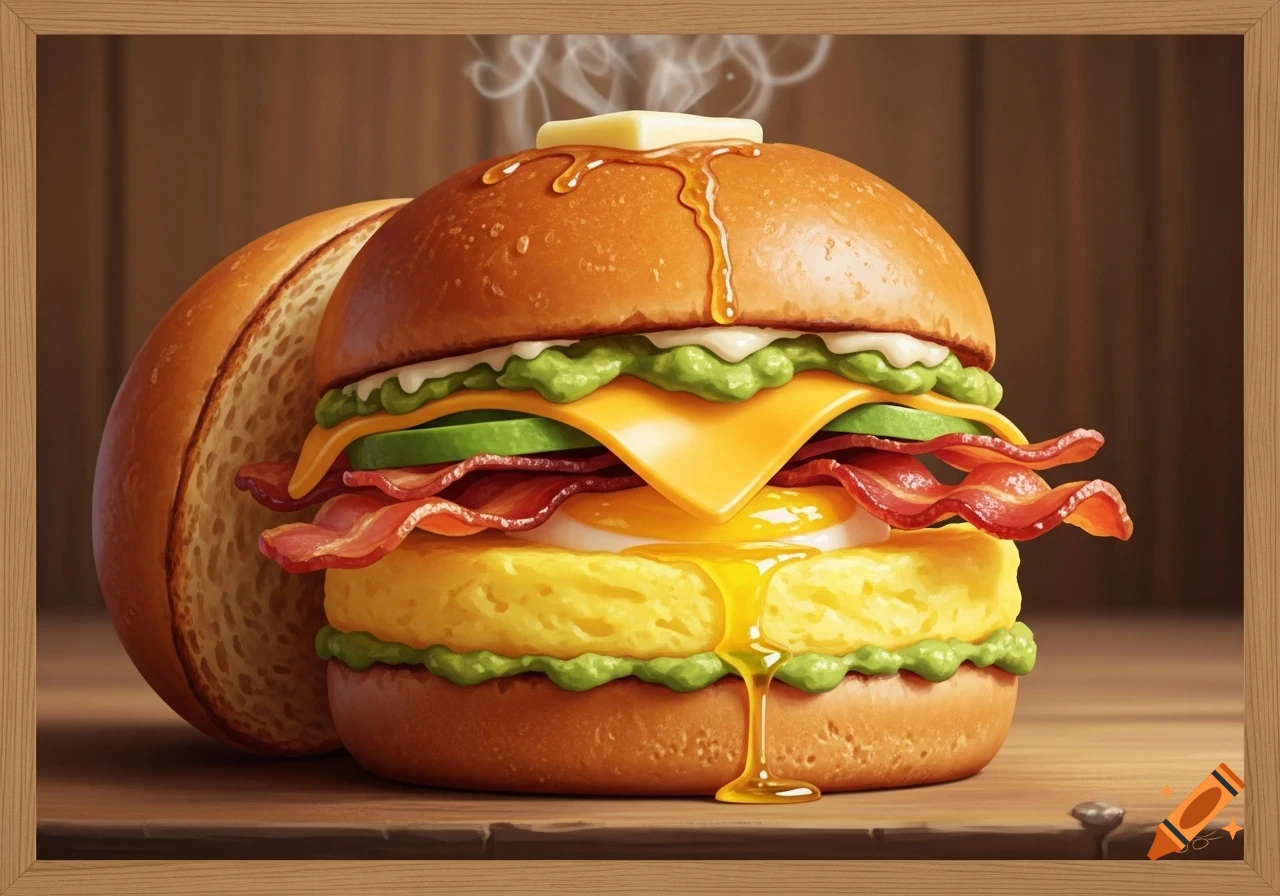 A stylized breakfast sandwich featuring a runny egg, bacon, cheese, avocado, green spread, and melting butter with syrup, on a wooden table.