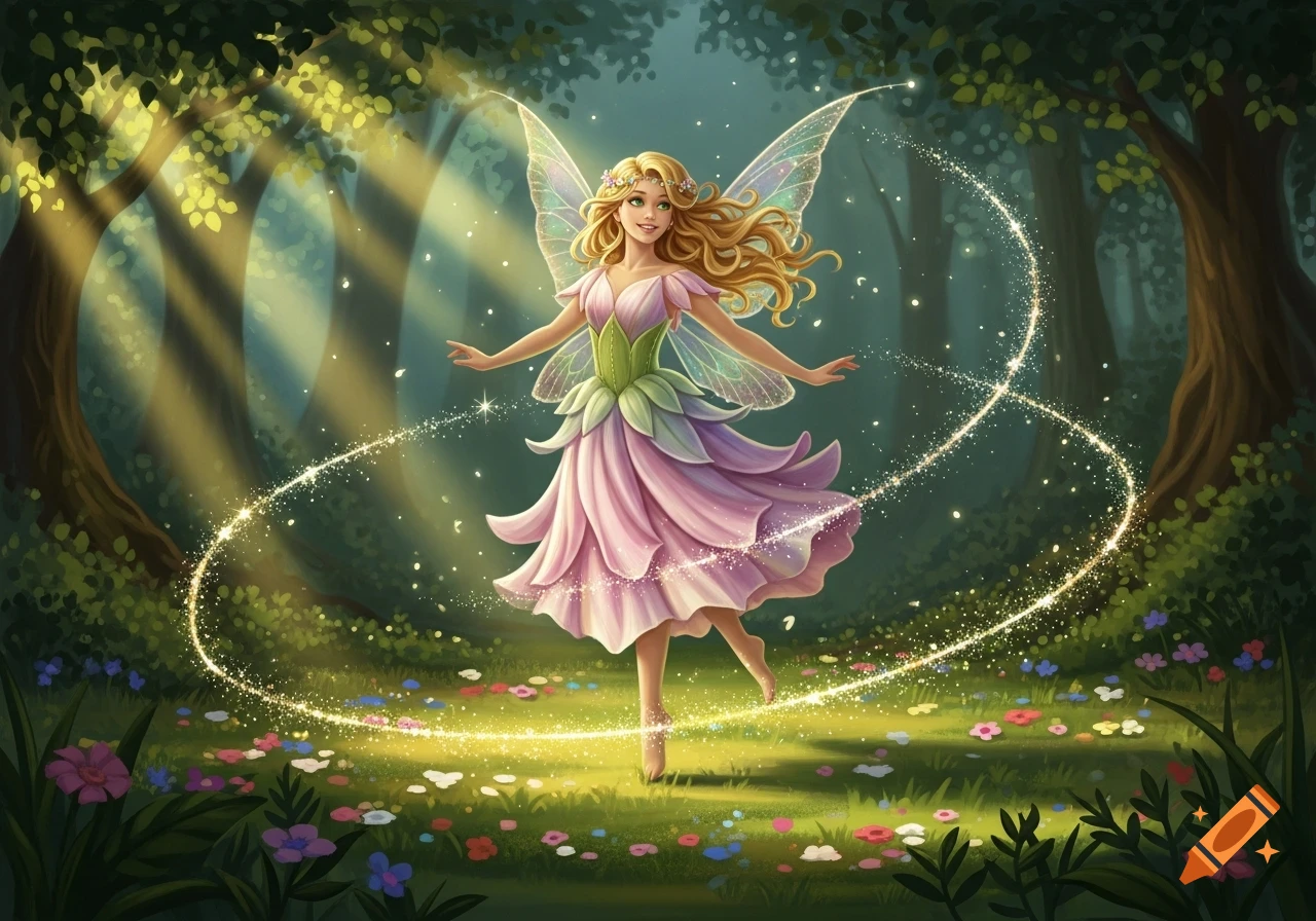 A cheerful blonde fairy with green eyes and a flower petal dress dances in a sunlit, magical forest with sparkling light.