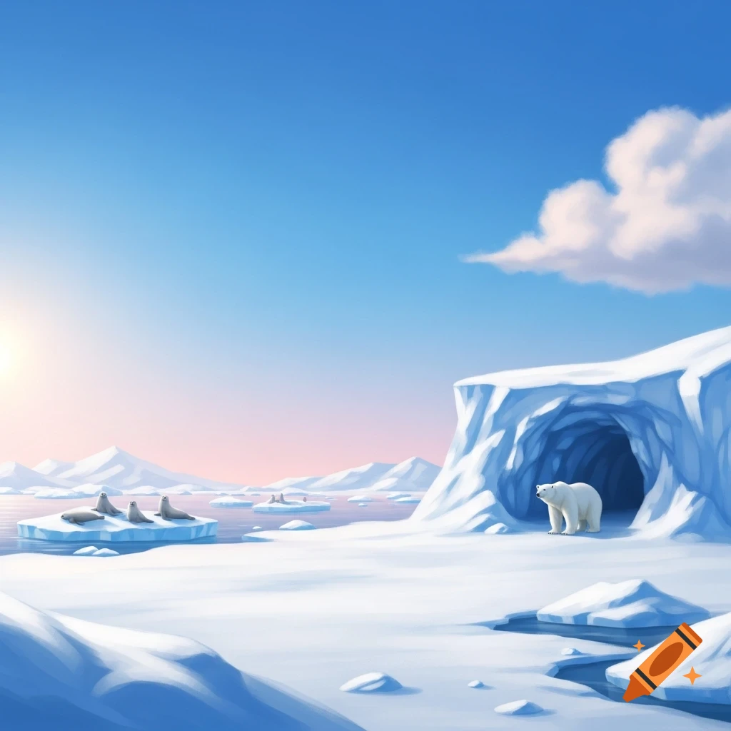 A stylized illustration of an arctic landscape with a polar bear by an ice cave and seals resting on ice floes in the ocean under a bright sky.