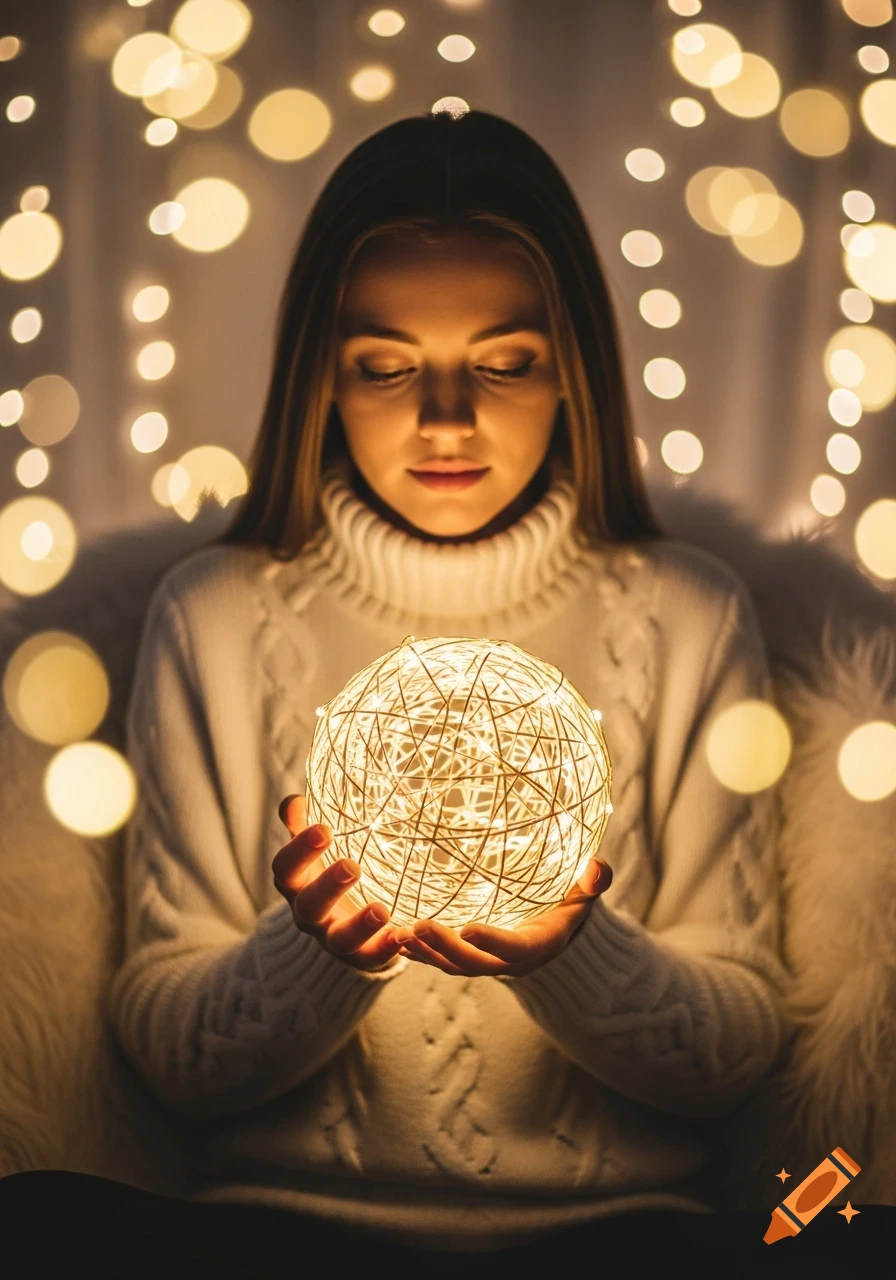 Young woman in white sweater holding a glowing orb of string lights, illuminated by warm bokeh background, festive atmosphere.