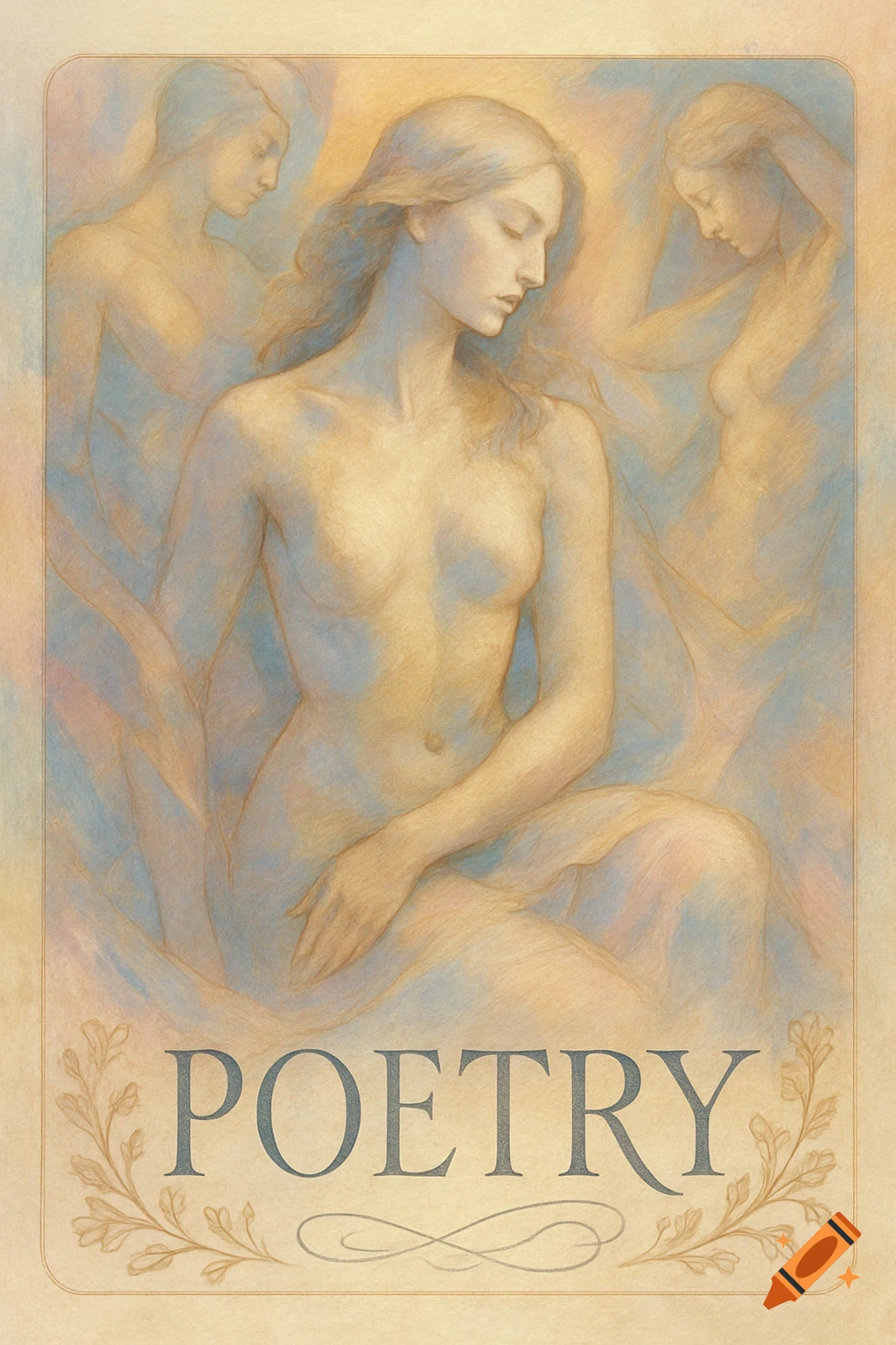 An ethereal, soft-focus painting depicts three nude female figures in warm and cool tones, with 'POETRY' written below.