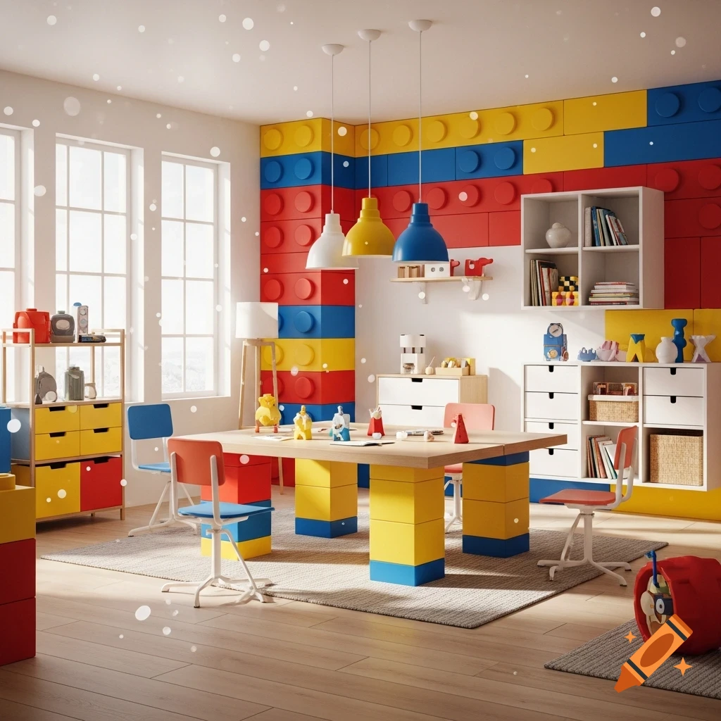 A vibrant playroom interior featuring walls and furniture designed with large red, yellow, and blue Lego-style bricks.