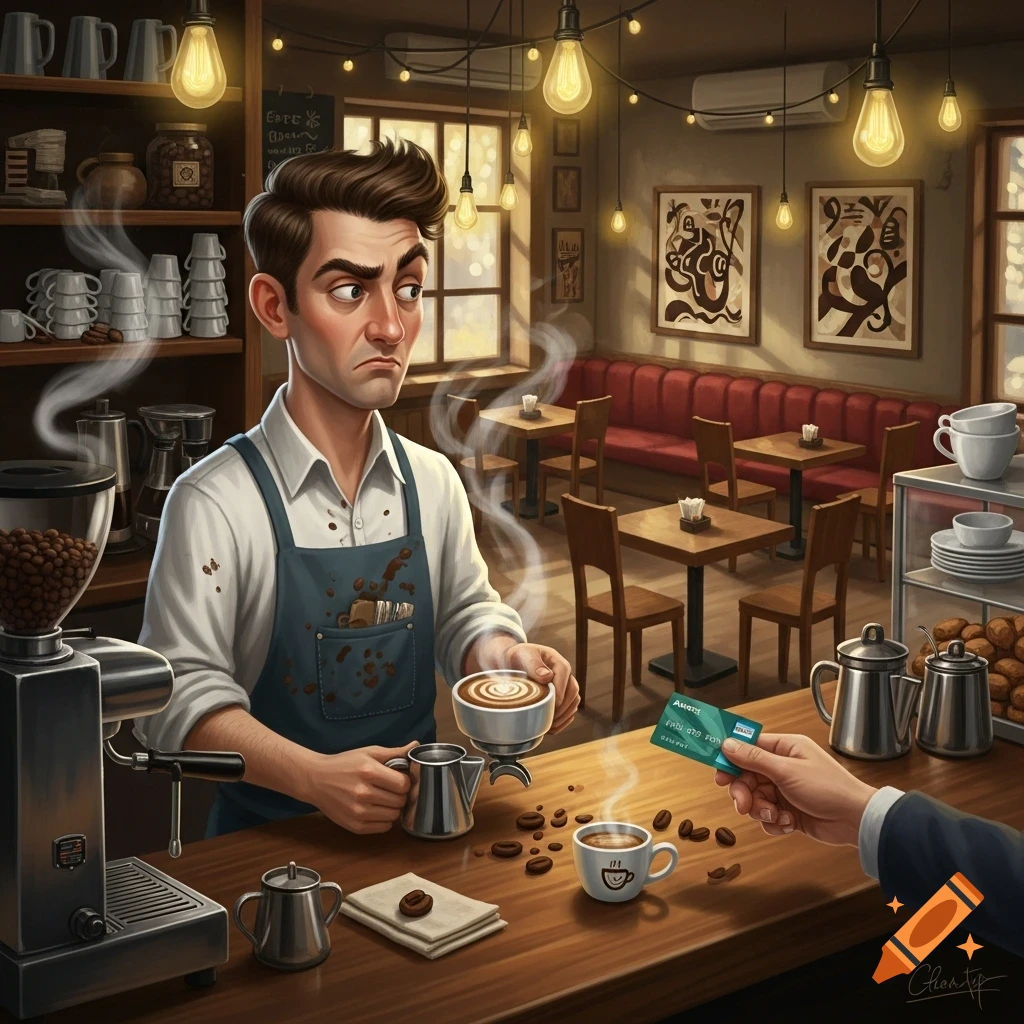 A cartoon barista with a suspicious expression makes coffee, while a customer's hand offers an Amex card over the counter.