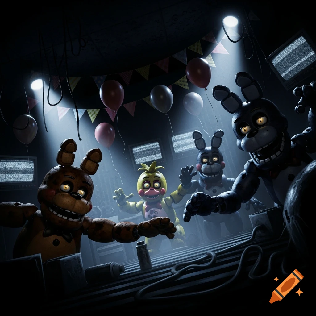 Four creepy animatronic characters from Five Nights at Freddy's in a dark room with balloons and static TVs.
