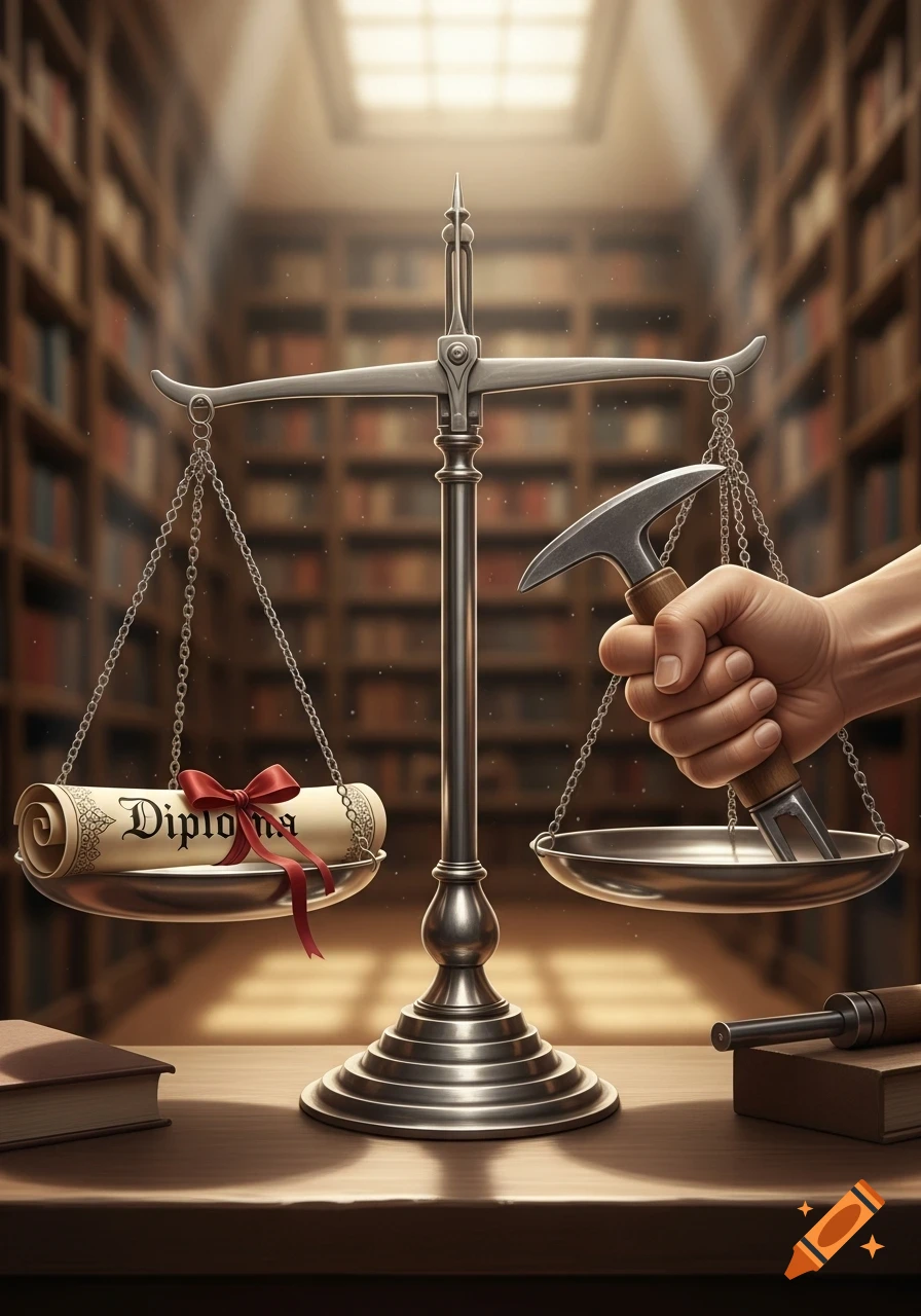 A photorealistic image of a scale in a library, balancing a diploma with a red ribbon on one side and a hand placing a geological hammer on the other.
