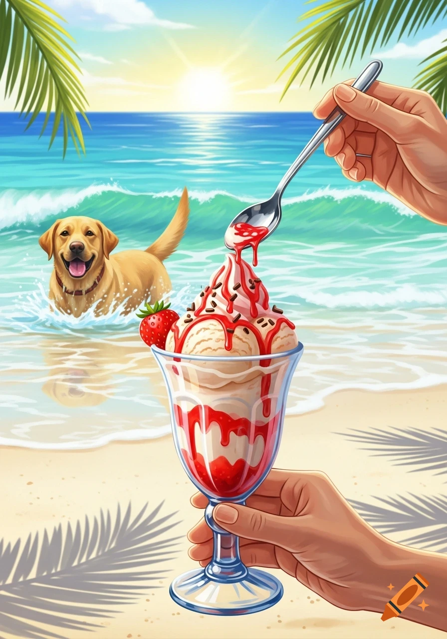 Illustration of a golden labrador playing in ocean at a sunny beach. Hands hold an ice cream sundae with strawberry syrup and sprinkles, drizzling more from a spoon.