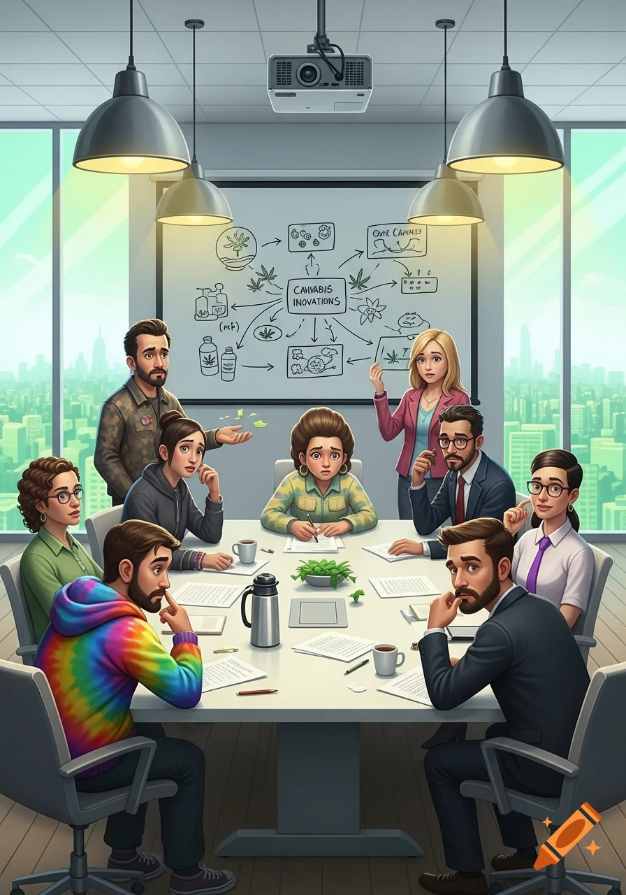An illustration of a diverse group of people in a modern meeting room, looking confused while discussing cannabis innovations on a whiteboard.