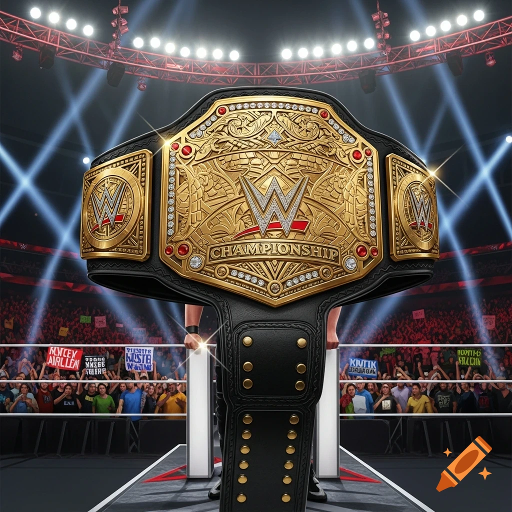 A close-up of a gold and black WWE Championship belt with red and white accents, held up in a brightly lit wrestling arena with a blurred crowd in the background.