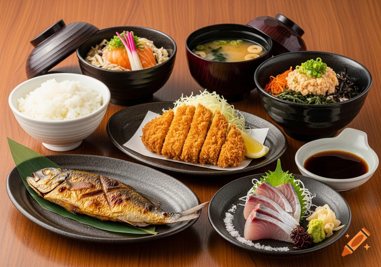 A high-quality photo of a Japanese restaurant food set, including grilled fish, tonkatsu, sashimi, rice, miso soup, and donburi bowls, arranged on a wooden table.