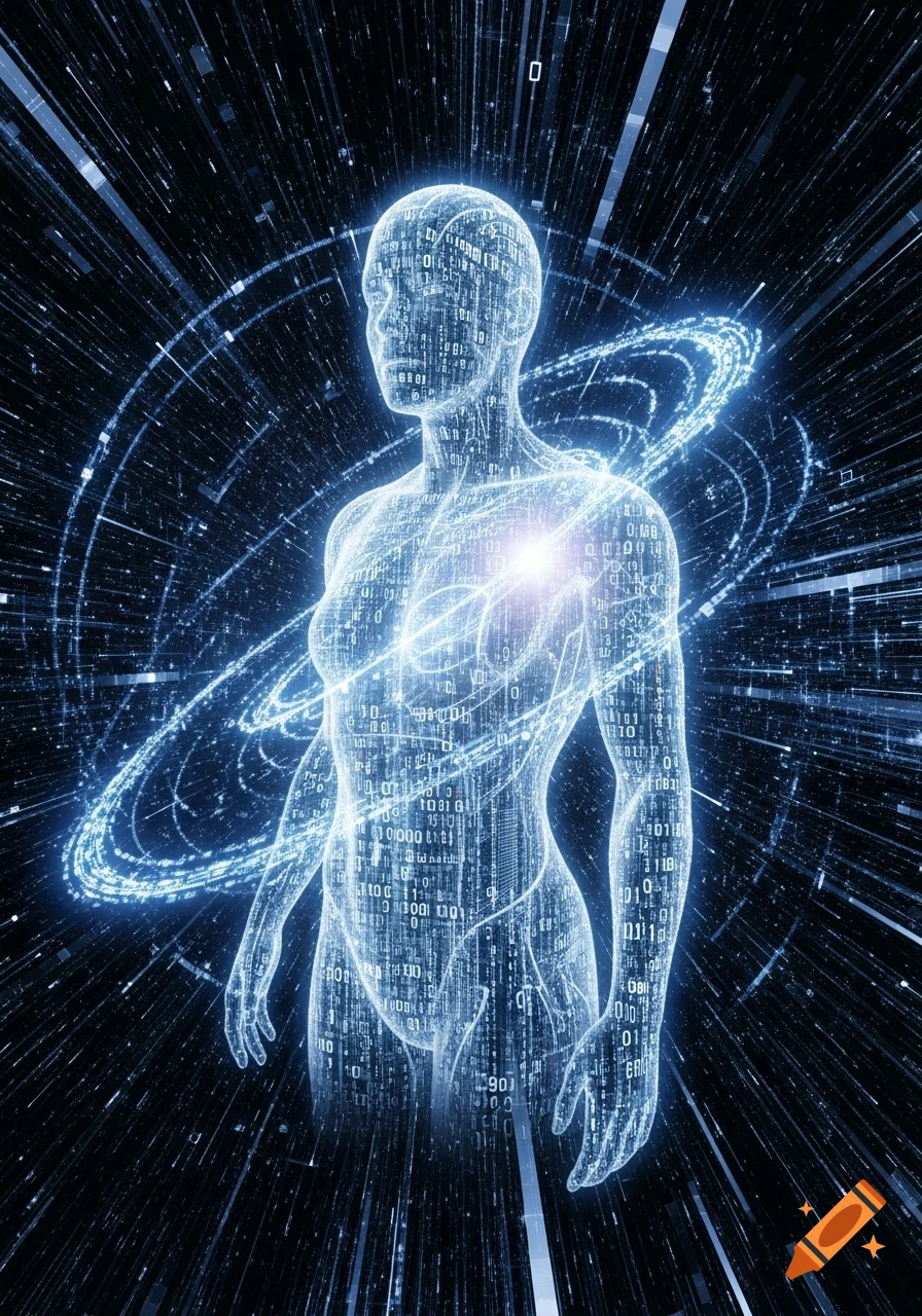 A glowing, translucent human-like figure made of binary code and data streams, surrounded by blue light trails in a dark, abstract digital space.