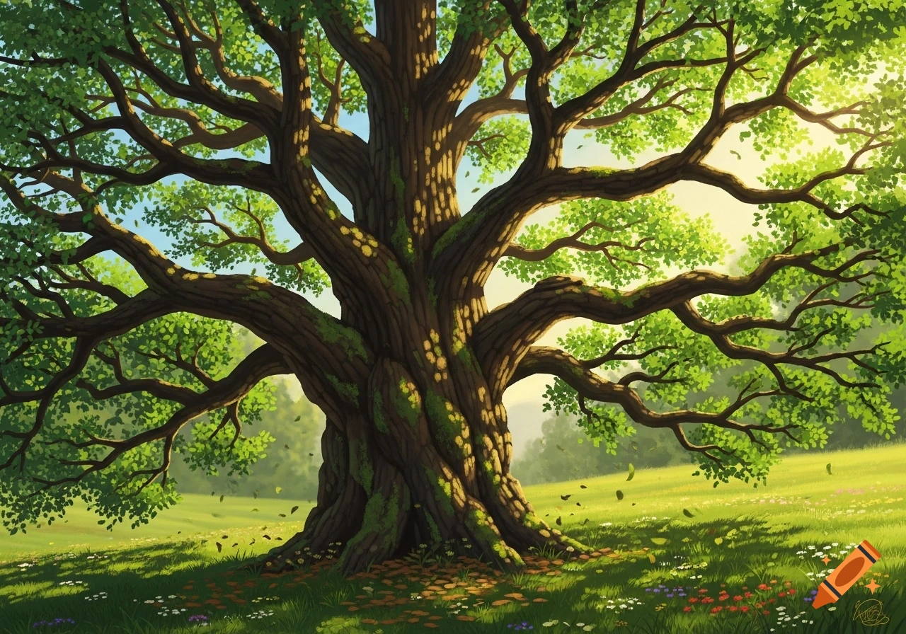 A majestic, old tree with sprawling green branches and leaves in a sunlit grassy field with wildflowers, rendered in an illustrative style.