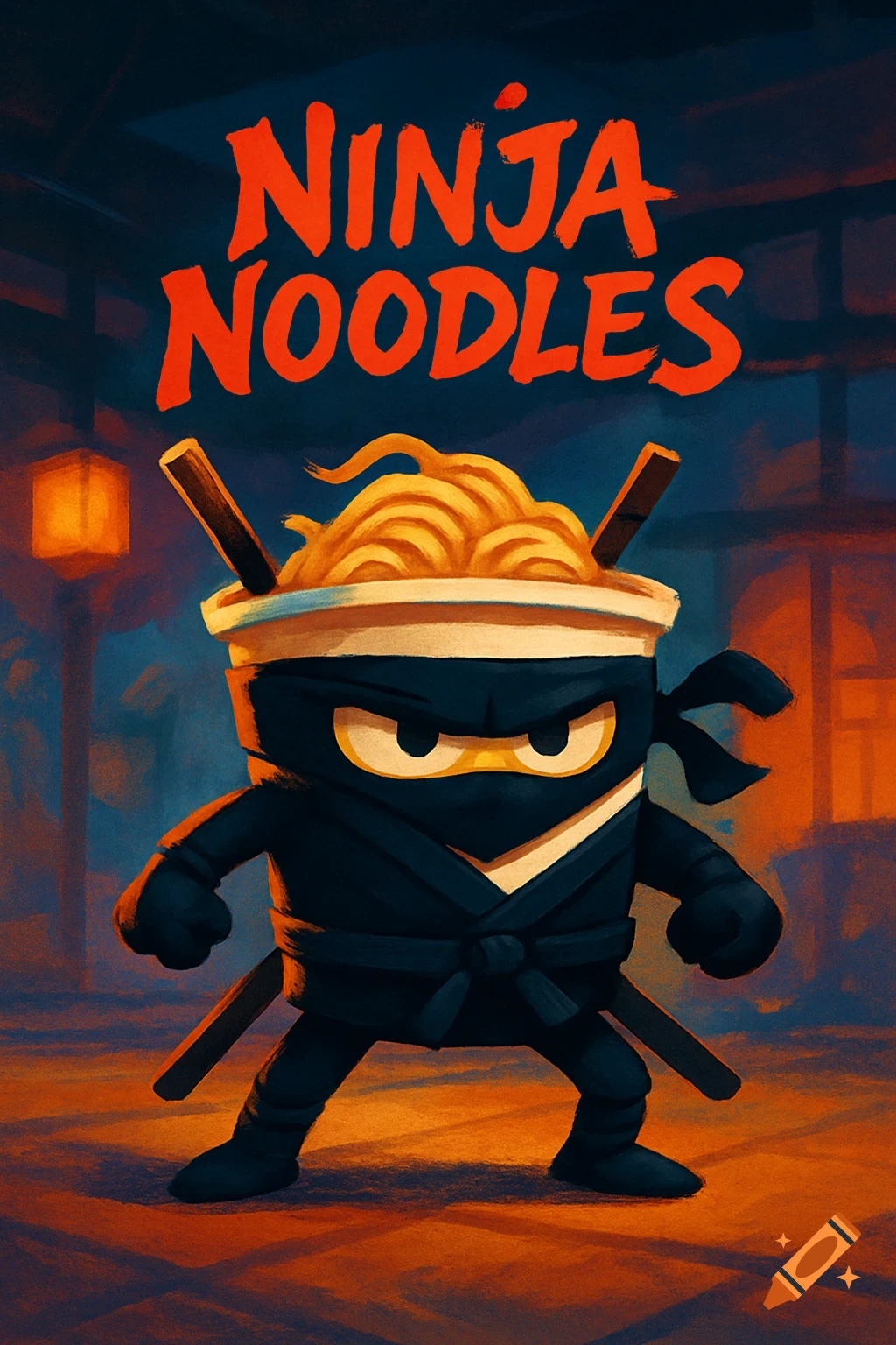 A cartoon ramen cup dressed as a ninja with chopsticks sticking out of its head, standing in a dark alley under a logo that says 'Ninja Noodles'.