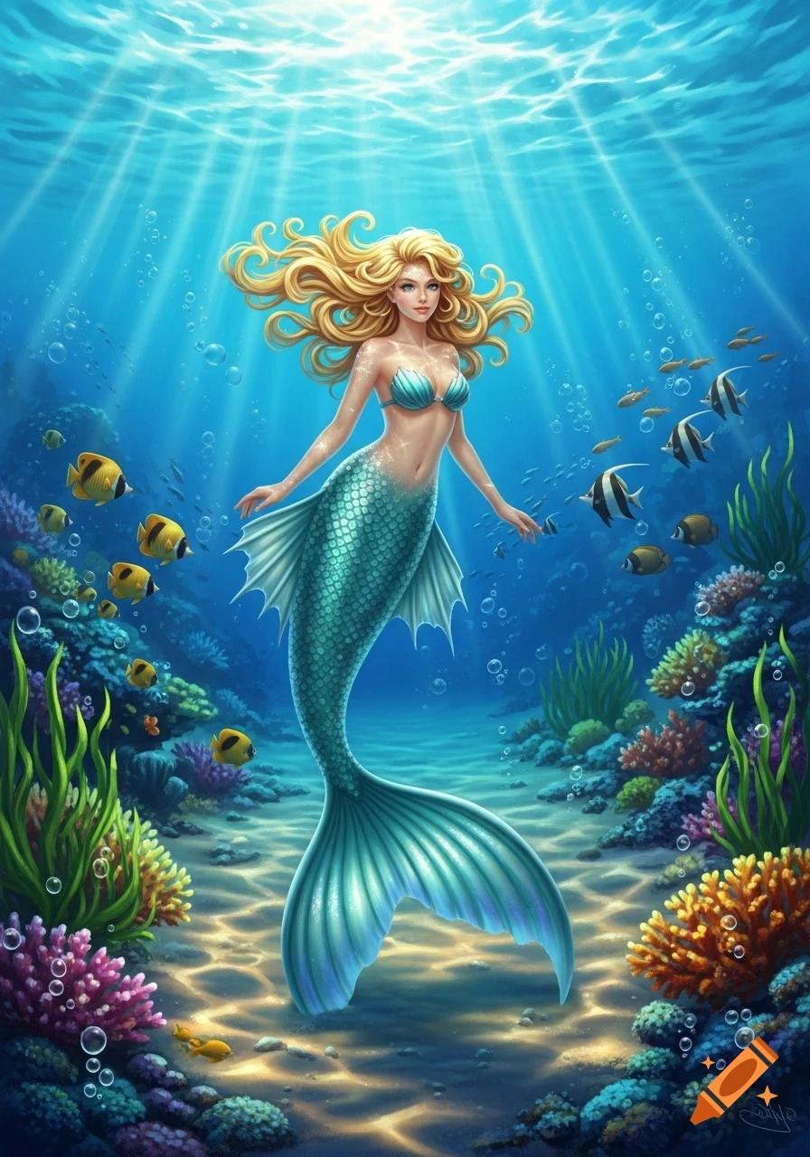 A beautiful blonde mermaid with a teal tail swims gracefully in a vibrant underwater scene with colorful coral, fish, and sunrays.