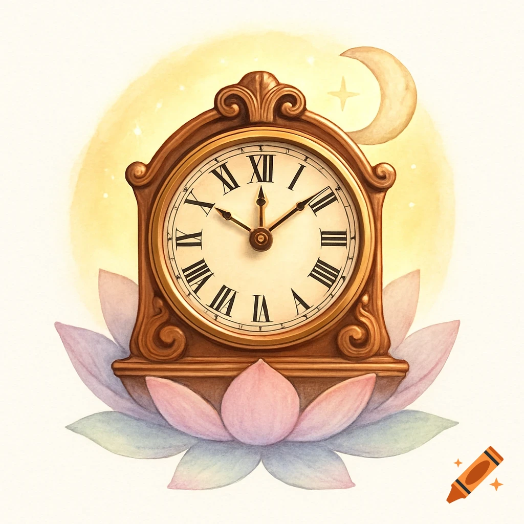 A whimsical watercolor painting of an ornate antique clock resting on a pastel lotus flower, with a soft yellow glow, a crescent moon, and a star in the background.