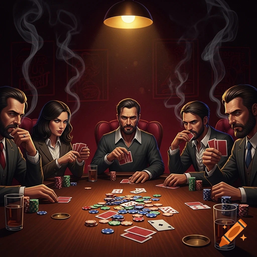 An atmospheric, photorealistic scene of five individuals, three men and one woman, intently playing poker at a table filled with chips and cards, under a single overhead lamp.