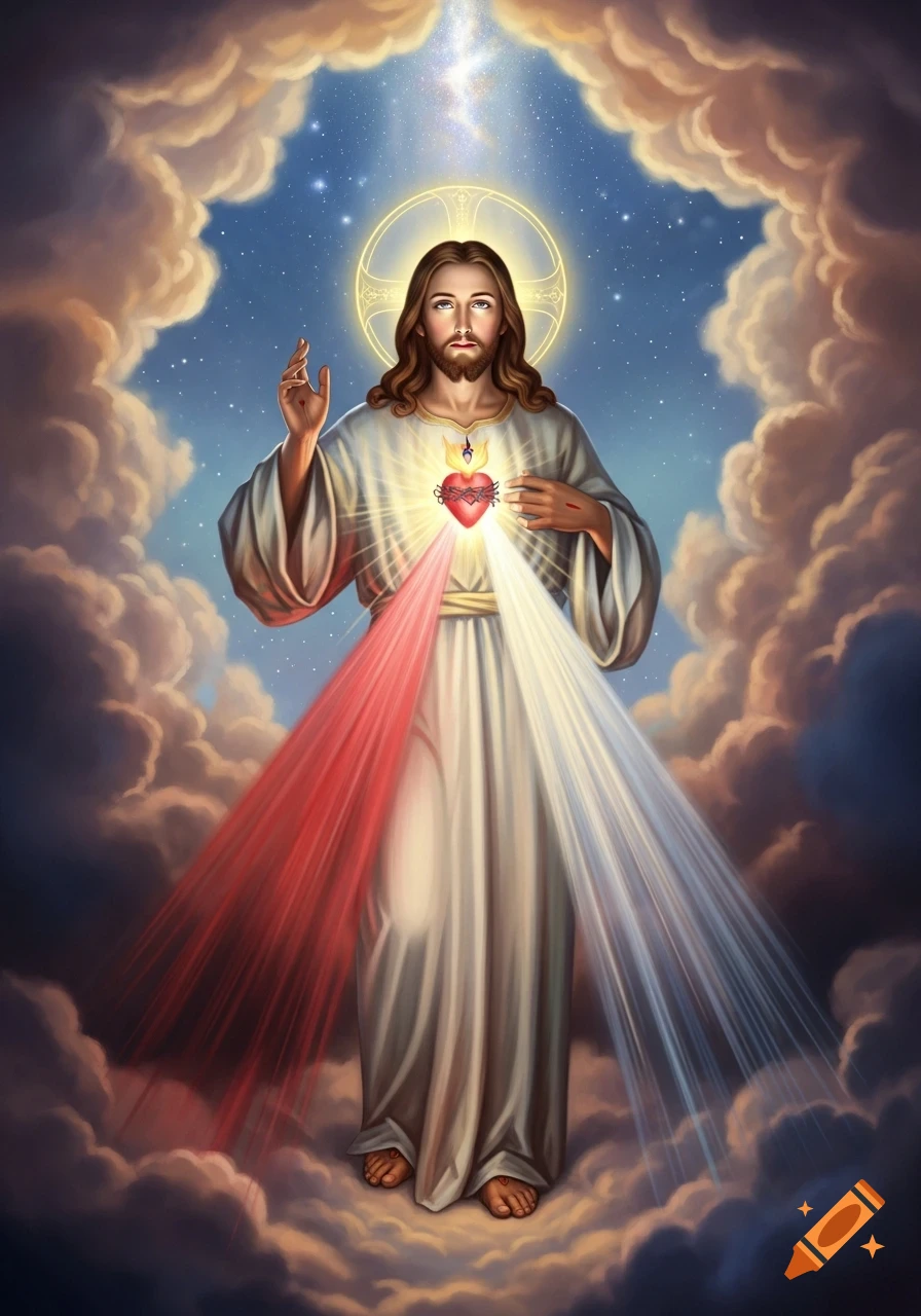Jesus Christ with long hair and a beard, in white robes, stands in a divine cloud-filled sky, rays emanating from his sacred heart.