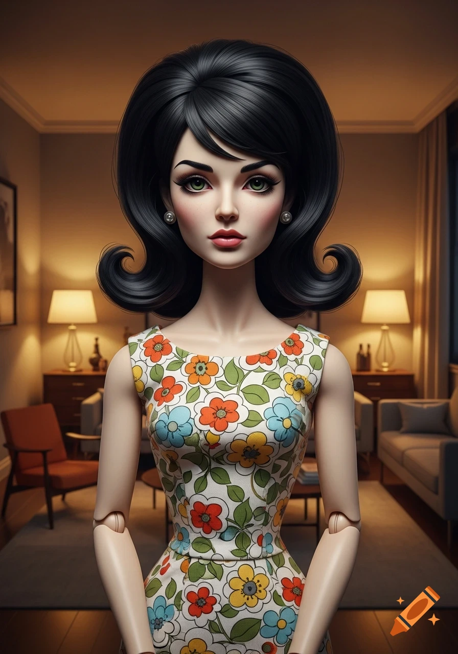 A lifelike ball-jointed doll woman with black 1960s hair, wearing a floral dress, stands in a warmly lit room.
