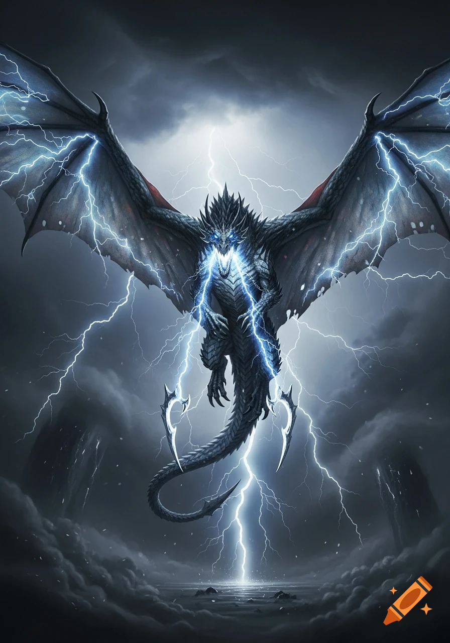 A majestic dark dragon with glowing blue eyes and lightning bolts emanating from its body and striking the stormy landscape.
